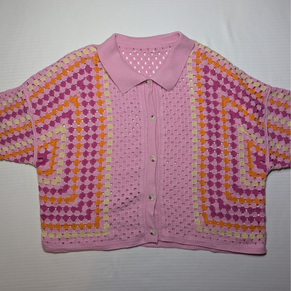 Crochet Open Stitch Pink Patchwork Boho Button Front Polo Cardigan Top M L